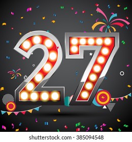 shining light up lamp alphabet in Colorful 27 date celebration background with confetti. Vector Illustration.