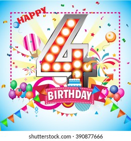 shining light up lamp alphabet in Colorful 4 date celebration background with confetti. Vector Illustration.