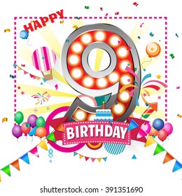 shining light up lamp alphabet in Colorful 9 date celebration background with confetti. Vector Illustration.