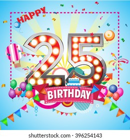 shining light up lamp alphabet in Colorful 25 date celebration background with confetti. Vector Illustration.