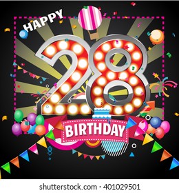 shining light up lamp alphabet in Colorful 28 date celebration background with confetti. Vector Illustration.