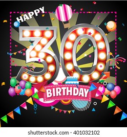 shining light up lamp alphabet in Colorful 30 date celebration background with confetti. Vector Illustration.