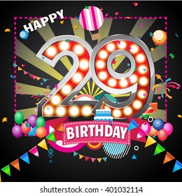 shining light up lamp alphabet in Colorful 29 date celebration background with confetti. Vector Illustration.