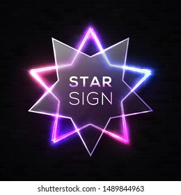 Shining light neon star background on black brick wall. Colorful electric border, plastic transparent plate. Glowing color star sign. Technology element design. Bright illuminated vector illustration.