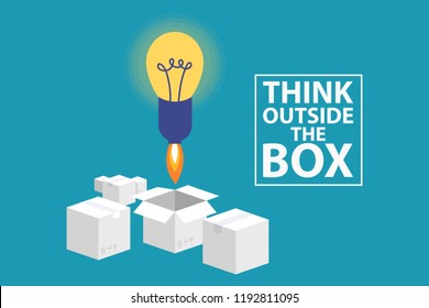 Shining light-bulb original idea concept flying out of one of boxes with think outside the box white text isolated on blue background. Eps 10 Vector illustration, Minimalist flat business modern style