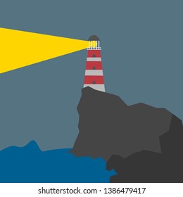 Shining Lighthouse at Night on the Rock on Dark Background Cartoon Style Isolated Vector Illustration