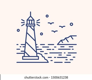 Shining lighthouse outline vector illustration. Blue linear seascape isolated on white background. Sea beacon, seagulls and stars monocolor line art signs. Ocean landmark, navigation tower.