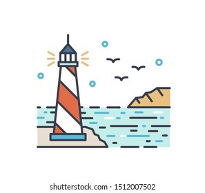 Shining lighthouse outline vector illustration. Colorful picturesque seascape with navigational aid tower. Line art landscape with sea beacon. Simple vector sign isolated on white background.