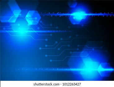 Shining lights with hexagons and circuit lines on dark blue background, vector technology concept