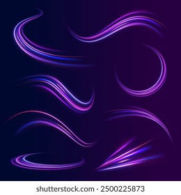 Shining lights in motion with small particles. Ring of fire, Plasma ring on a dark background. eon stripes in the form of drill, turns and swirl.