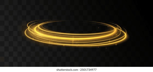 Shining lights in motion with small particles. Ring of fire, Plasma ring on a dark background. eon stripes in the form of drill, turns and swirl.