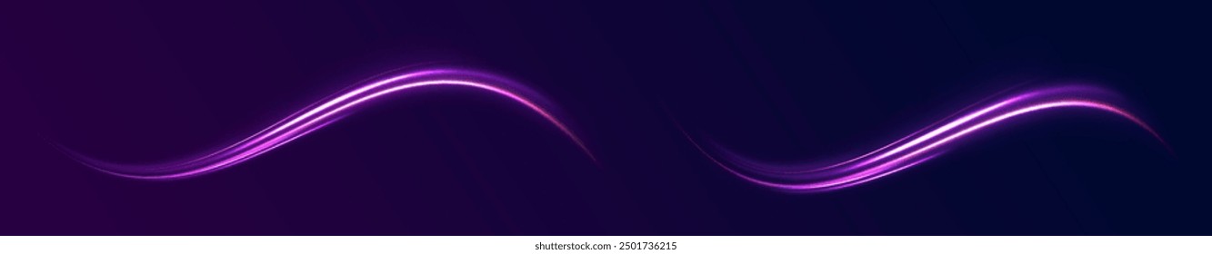 Shining lights in motion with small particles. Ring of fire, Plasma ring on a dark background. eon stripes in the form of drill, turns and swirl.