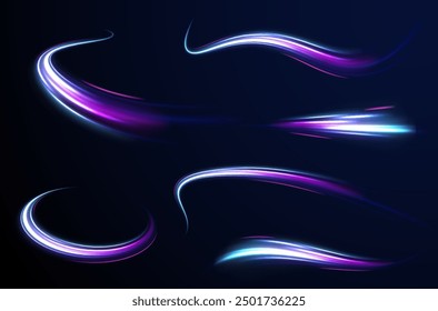 Shining lights in motion with small particles. Ring of fire, Plasma ring on a dark background. eon stripes in the form of drill, turns and swirl.