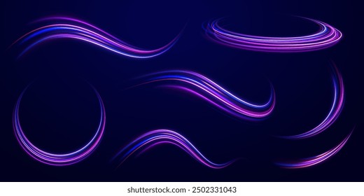 Shining lights in motion with small particles. Ring of fire, Plasma ring on a dark background. eon stripes in the form of drill, turns and swirl.