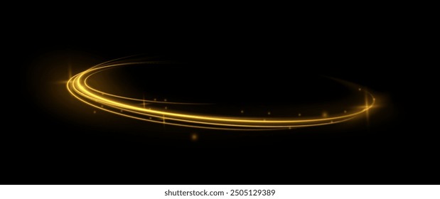 Shining lights in motion with small particles. Ring of fire, Plasma ring on a dark background. eon stripes in the form of drill, turns and swirl.