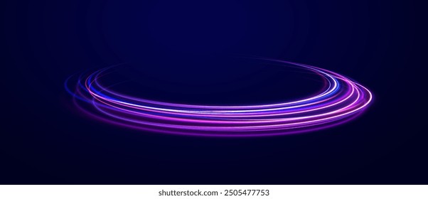 Shining lights in motion with small particles. Ring of fire, Plasma ring on a dark background. eon stripes in the form of drill, turns and swirl.