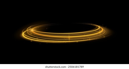 Shining lights in motion with small particles. Ring of fire, Plasma ring on a dark background. eon stripes in the form of drill, turns and swirl.