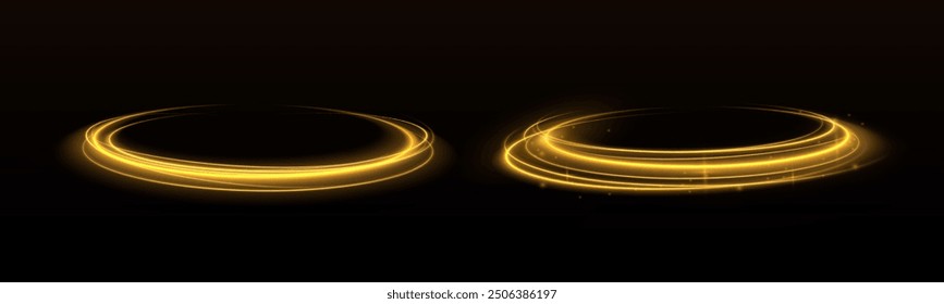 Shining lights in motion with small particles. Ring of fire, Plasma ring on a dark background. eon stripes in the form of drill, turns and swirl.