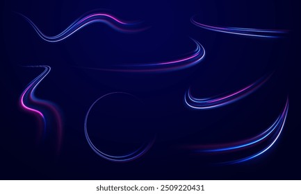 Shining lights in motion with small particles. Ring of fire, Plasma ring on a dark background. eon stripes in the form of drill, turns and swirl.