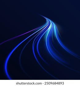 Shining lights in motion with small particles. Ring of fire, Plasma ring on a dark background. eon stripes in the form of drill, turns and swirl.