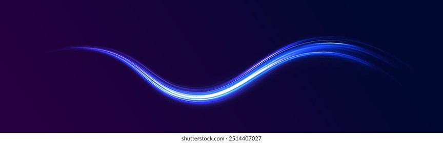 Shining lights in motion with small particles. Ring of fire, Plasma ring on a dark background. eon stripes in the form of drill, turns and swirl.