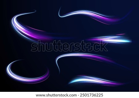 Shining lights in motion with small particles. Ring of fire, Plasma ring on a dark background. eon stripes in the form of drill, turns and swirl.