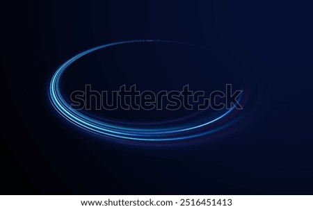 Shining lights in motion with small particles. Ring of fire, Plasma ring on a dark background. eon stripes in the form of drill, turns and swirl.