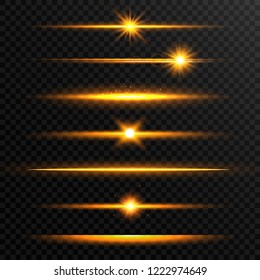 Shining line set. Golden realistic lens flare set. Collection of gold light effects on transparent background. Flash with rays and spotlight. Glowing lights, stars and sparkles. Vector illustration.