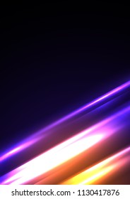 Shining lines on a dark background. Bright design, violet color, speed.