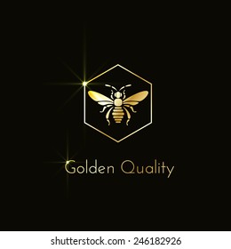 Shining logo with a bee in a hexagon. Vector illustration.