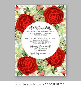 Shining lovely red rose fir winter greenery Merry Christmas Party invitation vector template printable card Holiday dinner invite