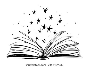 Shining Magic Book. An open paper book glows and sparkles. Black and white doodle sketch. Conceptual vector illustration about reading, education.