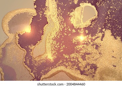 Shining mauve and maroon marble pattern with golden dust. Abstract vector background in alcohol ink technique. Modern paint with glitter. Template for banner, poster design. Fluid art painting