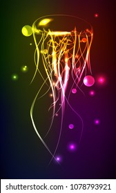 Shining medusa composed. Marine animal digital concept. Vector illustration of a shining sea. Ocean jellyfishes, medusa, with wave tentacles, water bubbles.
