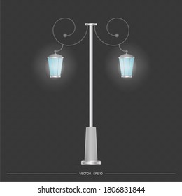 A shining metal lantern. Lamp post with realistic light. Vector.