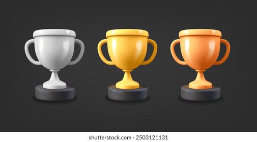 Shining metal trophy set. 3d vector objects on dark background