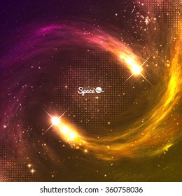 Shining meteors or comets with tails on colorful cosmic background with copyspace. Vector illustration for your artwork, banners, party flyers or other design.