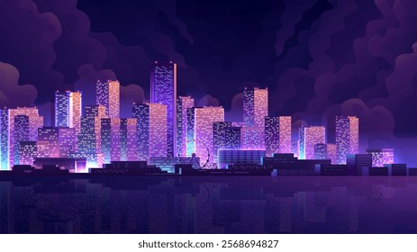 Shining metropolis view from afar with skyscrapers at night. Neon pink buildings cityscape.