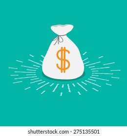 Shining Money Bag Icon. Dollar Sign. Flat Design Vector Illustration.