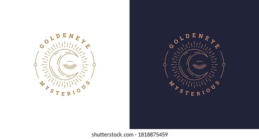 Shining moon crescent with closed eye logo template linear vector illustration. Moon silhouette elegant emblem design in frame designed for magic brand or esoteric products packaging line art style.