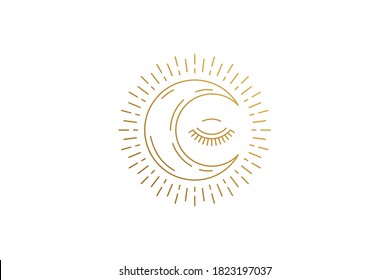 Shining moon crescent with closed eye silhouette linear vector illustration. Crescent moon with rays of light and eye outline style. Good for mystic logo emblem or poster decoration.