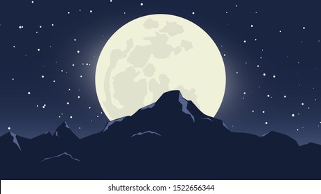 The shining moon and stars at night. Valley and supermoon.  Big mountain without city and street make you feel peaceful. vector illustration.
