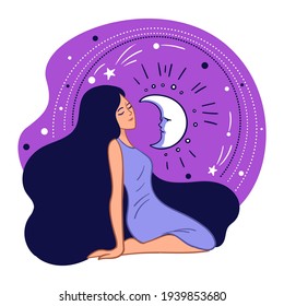 Shining moon and stars, space and galaxy exploration. Woman wearing elegant long dress sitting by night sky. Fantasy and dreaming, witchcraft and occult knowledge of lady. Vector in flat style