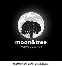 Shining Moon And Tree Logo. Dreaming Tree Logo Design Template