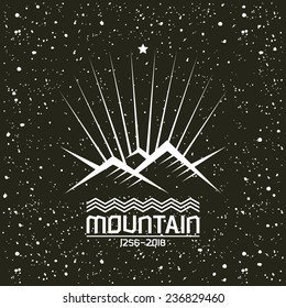 Shining mountain in geometric lines style with texture. White print on a black background