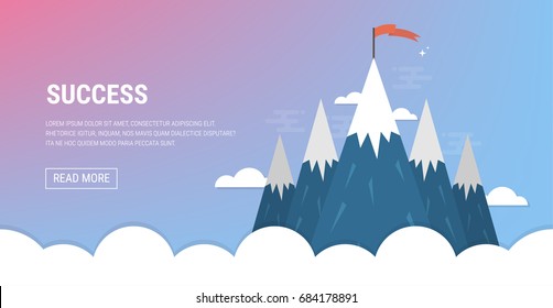 shining mountain peaks on a blue background with a red flag on top of one of them