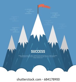 shining mountain peaks on a blue background with a red flag on top of one of them
