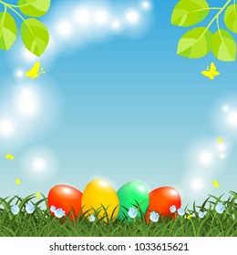 Shining Nature Spring background. Colorful eggs at juicy grass with bell flowers and flying butterflies. Green leaves at blue sky. Event card with place for text or decoration. Vector illustration.