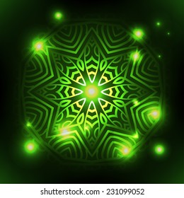 Shining neon abstract background. Vector image. Green light.