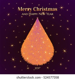 Shining neon christmas tree with golden stars. Vector illustration greeting card Merry Christmas and Happy New Year. Background template.